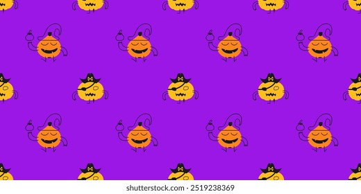 Bonito Halloween padrão sem emenda de abóbora no fundo roxo. Ilustração vetorial com caracteres engraçados.