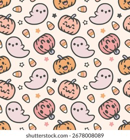 Cute Halloween seamless pattern with Pumpkin, Ghost, Candy Corn Cartoon style . design for fabric print, postcards, gift wrapping paper, wallpaper. Vector illustration