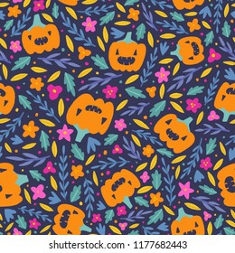 Cute Halloween seamless pattern. Pumpkins, flowers and leaves. Vector illustration
