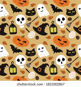 cute halloween seamless pattern with pumpkins, witch hats, bats, candys, black cats, ghost and autumn leaves