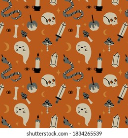 Cute Halloween seamless pattern with pumpkins, skull, ghost and bats. Vector holiday illustration. Funny fabric, textile for kids clothes design.
