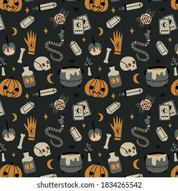 Cute Halloween seamless pattern with pumpkins, skull, ghost and bats. Vector holiday illustration. Funny fabric, textile for kids clothes design.

