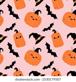 Bonito Halloween padrão sem emenda com abóboras e morcego. Jack o conjunto de lanternas. Padrão contínuo para o seu design têxtil, papel de parede, papel de embrulho, fundo etc.