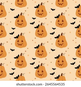 Cute Halloween seamless pattern with pumpkins and bats. Spooky Halloween vector background.