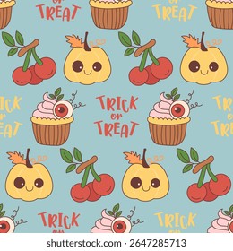 Cute Halloween Seamless Pattern with Pumpkins, Cupcakes, and Trick or Treat Text