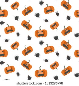 Cute Halloween seamless pattern with scary orange pumpkins and black spiders. Nice autumn holiday texture for textile, wrapping paper, cover, background, wallpaper, surface, web design