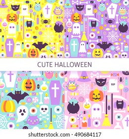 Cute Halloween Seamless Pattern Set. Flat Design Vector Tile Background. Trick or Treat.