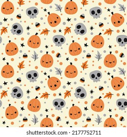 Cute Halloween seamless pattern with skulls, pumpkins, leaves, and candies on beige background.