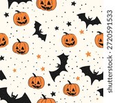 Cute halloween seamless pattern with smiling pumpkins, bats, stars and dots in cartoon style