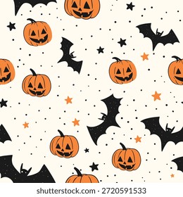 Lindo patrón sin fisuras de halloween con sonrientes calabazas, murciélagos, estrellas y puntos en estilo de dibujos animados
