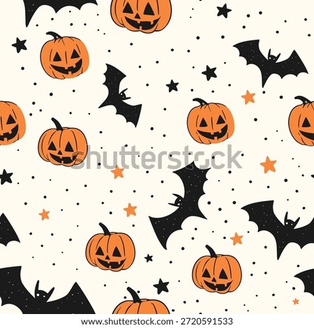 Cute halloween seamless pattern with smiling pumpkins, bats, stars and dots in cartoon style
