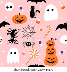 Cute Halloween seamless pattern with spider web, ghosts and pumpkins. Cute doodle design. Jack o lantern set. funny hand drawn doodle, textile graphic design. wallpaper, wrapping paper, background.