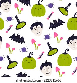 Cute halloween seamless pattern with vampire, funny pumpkin, bat and candies - cartoon vector illustration. Colorful childish background for Halloween celebration, great for wrapping paper.