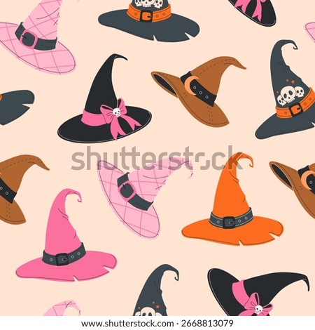 Cute Halloween seamless pattern. Various witch hats with sculls, bows and buckles on background. Ideal for spooky season fabrics, decor, prints, digital projects. Vector repeat pattern in flat style.
