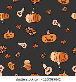 Cute Halloween seamless pattern. Vector doodle background with pumpkin on dark grey background.