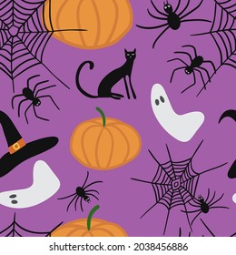 Cute Halloween seamless pattern  Vector scary elements  cat  spider  spider web  ghost  pumpkin witch hat isolated purple background  Design for Halloween decor  textile  wrapping paper  wallpaper 