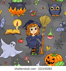 Cute Halloween seamless pattern. Vector cartoon background.