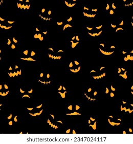 Cute Halloween seamless pattern. Vector pumpkin carved scary faces texture, funny smiling ghost masks orange print on black background for decoration, fabric print, web, app, wallpaper, digital paper