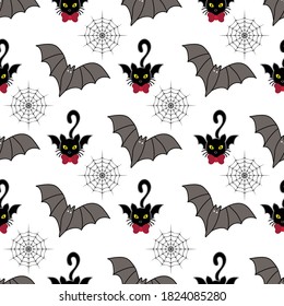 Cute Halloween seamless pattern with winged black cats and bats