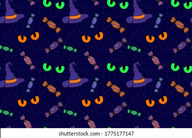 Cute halloween seamless pattern. Witch hat, cat eyes and sweets elements for Halloween party. Print design  for fabric, textile, wallpaper, wrapping paper,  background