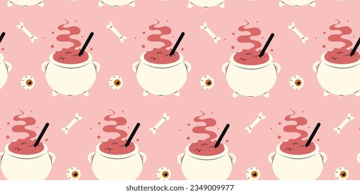 Cute Halloween seamless pattern with witchs cauldron, bones and human eyes on pink background. Halloween various elements. Pattern for print design. Vector stock illustration in cartoon style.
