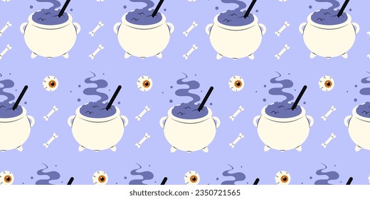 Cute Halloween seamless pattern with witchs cauldron, bones and human eyes on blue background. Halloween various elements. Pattern for print design. Vector stock illustration in cartoon style.