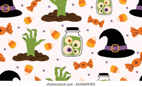 Cute Halloween seamless pattern with zombie hands, eyeballs in bottles, candy corns, lollipops, witch hats and dots in flat cartoon style. Fun and spooky design for kids and holiday projects.