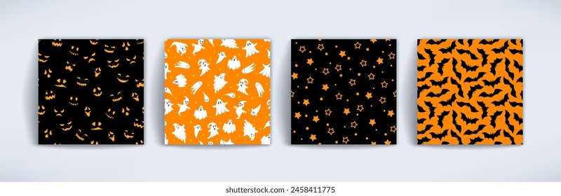 Cute Halloween seamless patterns set. Vector black and orange prints with flying ghost, scary faces, bats and stars. Spooky cartoon texture for wrapping, fabric, greeting design, holiday decoration.