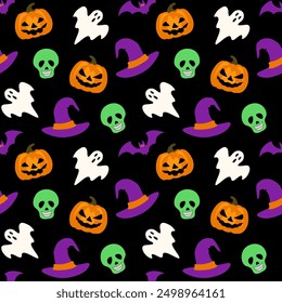 Cute Halloween seamless vector background, Halloween elements, pumpkin, witch hat, bat, skull and ghost.