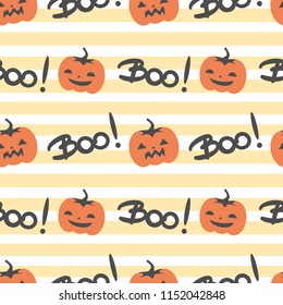 cute halloween seamless vector pattern background illustration with spooky pumpkins and hand drawn lettering boo word