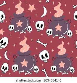 cute halloween seamless vector pattern background illustration with moon, stars, cauldron and skulls with bones