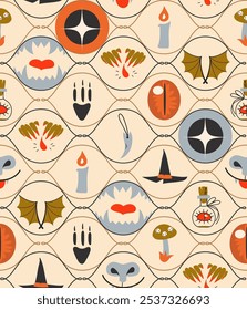 Cute Halloween seamless vector pattern on beige background. Halloween vintage characters, mushroom, spooky yeas, teeth, hand, bats. Print for fabric texture, decoration, wrapping paper