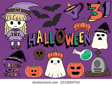 Cute  Halloween Season, Trick Or Treat, October, Hand drawn Clipart Character Design. On Background