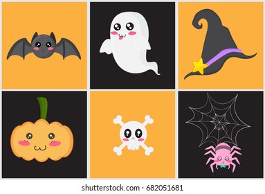 Cute halloween set in black and orange background.
