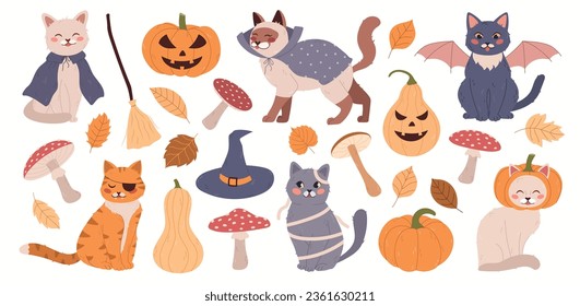 Cute halloween set with cats, pumpkins, mushrooms, leaves on a white background