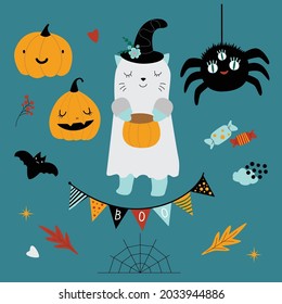 Cute halloween set, childish character cat in ghost costume with funny pumpkin, spider, web, bat, candy, heart, flags. Vector illustration in flat style