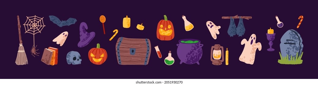 Cute Halloween set with creepy ghost, pumpkin, night bat, spider, broom, cauldron and grave. Bundle for autumn spooky party in October. Colored flat vector illustration isolated on white background