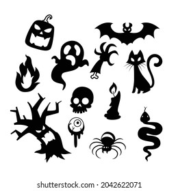 Cute Halloween set drawing, simple black vector on white background.