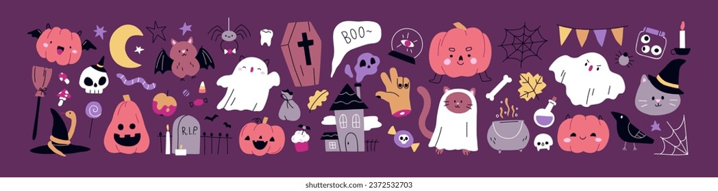 Cute Halloween set. Funny autumn pumpkin, cat ghost, spider and web, cauldron, happy bat, kawaii holiday characters. October design elements, treats, coffin. Isolated flat graphic vector illustration