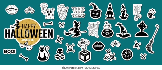 Cute Halloween set with funny cartoon characters: pumpkin, witch, ghost, black cat, skull, tomb. Sticker, symbol, icon, sign design elements. Vector illustration