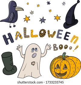 Cute Halloween set. Funny illustration. Creepy ghost character. Orange pumkin and colored stars. Treat ot trick. Letters. Magig hat. Holiday horror art. Spooky symbols. Cute crow. Greeting kids party.
