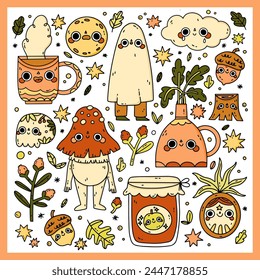 Cute Halloween set. Funny kawaii ghost, cloud, cup, moon, vase, scull, flu agaric.  October holiday design elements, stickers. Isolated kids childish flat graphic vector illustrations