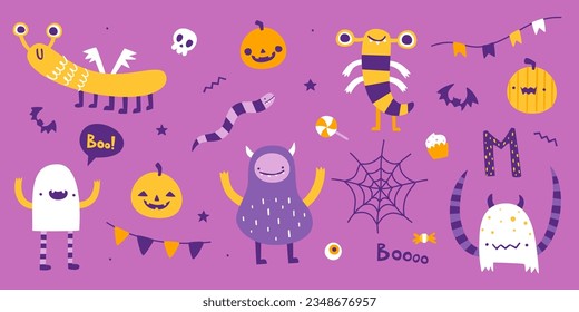 Cute halloween set with funny monsters and festive decoration. Cartoon vector collection for halloween. 