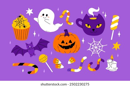 Cute Halloween set. Funny pumpkin, kawaii ghost, bat, web, broom, coffin. October holiday design elements, stickers, cat in witch hat, skull. Isolated kids childish flat graphic vector illustrations