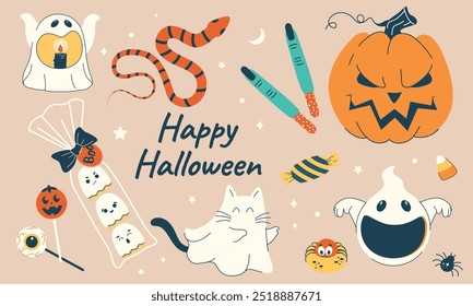 Cute Halloween set. Ghost candle holder, snake, ghost cookies, eye candy, cat in a ghost costume, evil pumpkin, finger cookies, spider cookies. Vector illustrations.