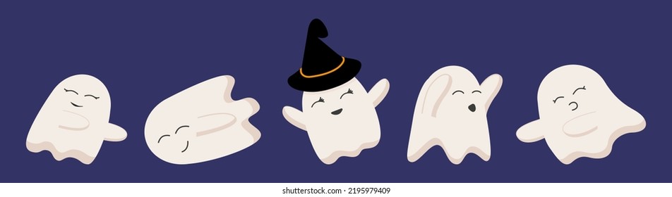 Cute Halloween set ghost in witch hat, dance, fly, scary. Do fun. Funny  phantoms, babies character smiling. Kawaii Helloween spookies, spirits in sheet. Isolated  flat illustration. Vector.  Childish