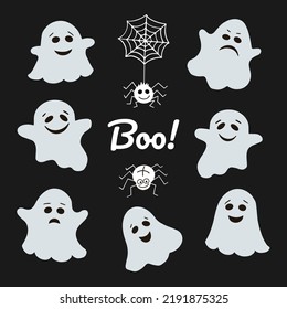 Cute Halloween set with ghosts, spider and web vector illustration.