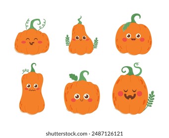 Cute Halloween set with happy pumpkins. Holiday background with cute carving pumpkins. Funny children's Halloween pumpkins in kawaii style. Illustration of jack o lanterns. Sticker sheet