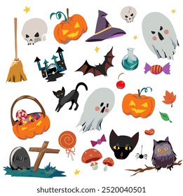 Cute Halloween set illustration vector icon sticker ghost, pumpkin, cat, Skull. Mushroom 