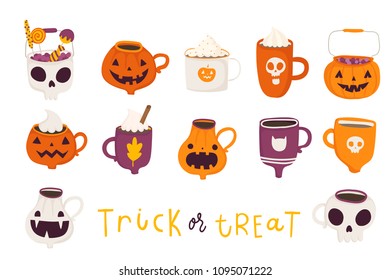 Cute halloween set with illustrations of mugs with hot cocoa, coffee, milk, cream on white background. Perfect for greeting cards, party invitations, posters, stickers, pin, scrapbooking, icons 